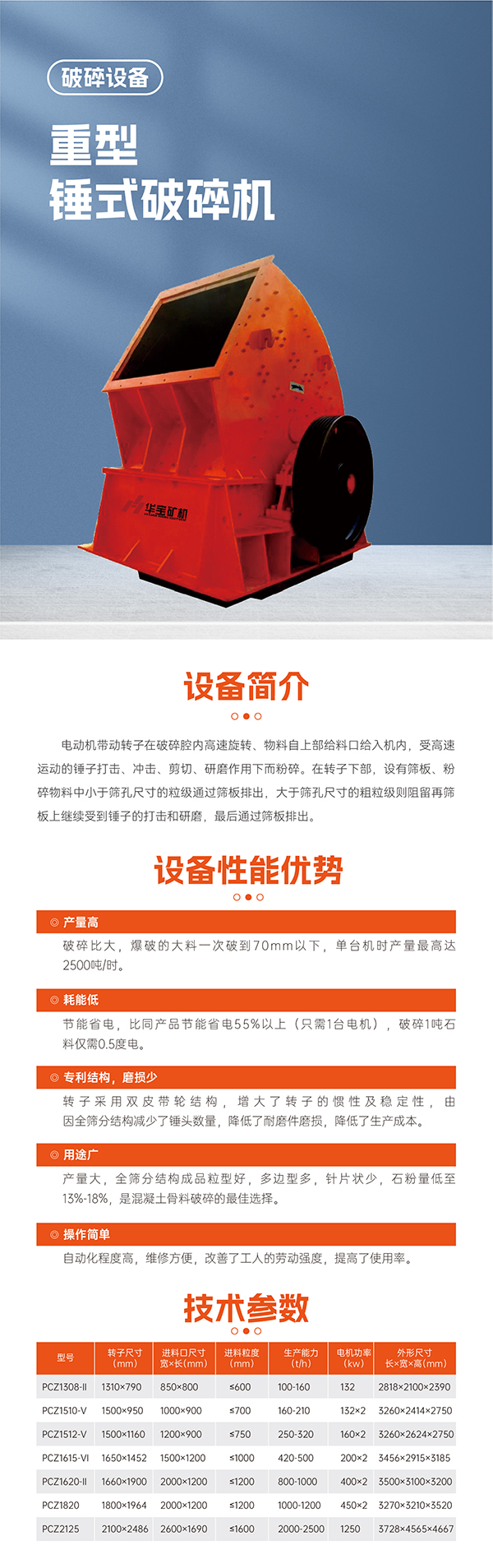 華寶礦機重型錘式破碎機設(shè)備技術(shù)參數(shù)
